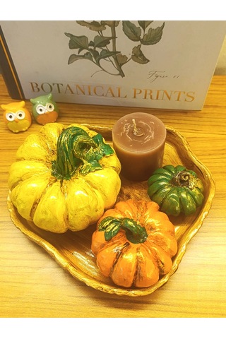 Kabak Figürlü Dekor Seti Doğal Masa Süsleri-kabak & Mum Seti-biblo Dekoratif Tepsili Set B. Boy Sarı Tepsili Set