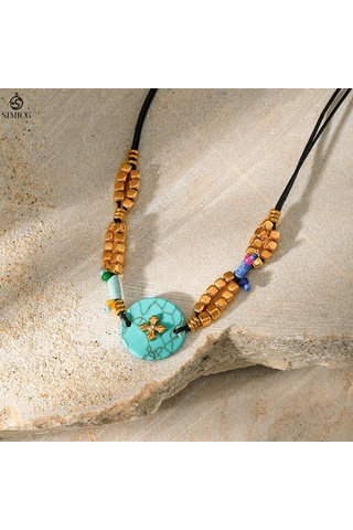 Bohem Tarzı Doğal Taş Turkuaz Kolye Ucu Kadın Niş Tasarımı Üst Düzey Yeşil