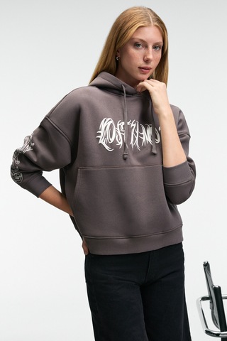 Grimelange ALIRAYNE Kadın Baskılı Oversize Kapüşonlu Kanguru Cep Antrasit Sweatshirt