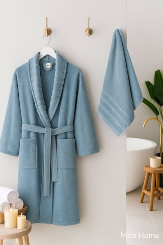 4 Parça Soft Elegance Banyo Aile Bornoz Seti %100 Pamuklu Mavi