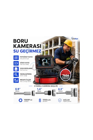 Uninet Boru Ve Kanalizasyon Inceleme Kamerası 50 Metre 23 Mm Otomatik Seviye Ayarlı Gece Görüşlü Kayıt Yapabilen Boru Hattı Endoskop Kamera