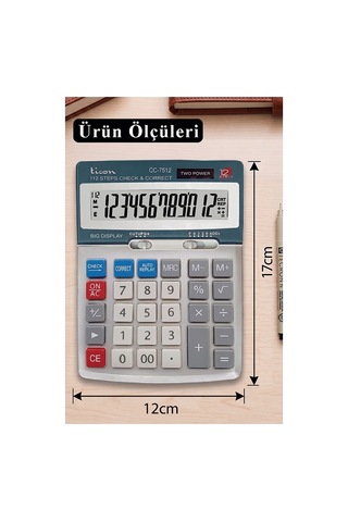 Hesap Makinesi Gri 12x17 Cm 1 Adet Ticon Th-7512 12 Haneli Hafızalı Orta Boy Ofis Büro Masaüstü Hesap Makinası