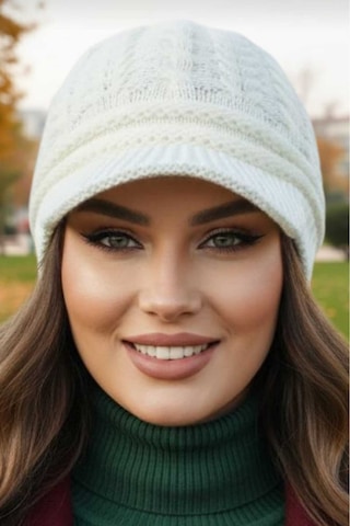 Tezzgelsin Kadın Çift Kat Siperli Triko Örme Bere Triko Bere Krem