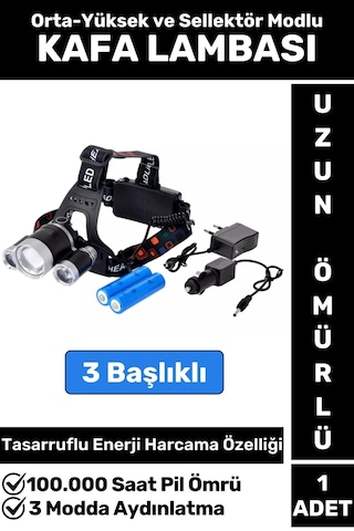 Profesyonel Kamp Avcı Balıkçı Deprem Güçlü Işık 3 Modlu Şarjlı 3 Başlıklı Kafa Lambası Çok Renkli