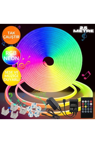 Sese Ve Müziğe Duyarlı Neon Led Rgb Esnek 2,5 Metre Kumandalı