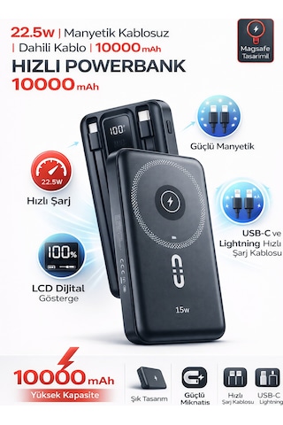 22.5w Hızlı Şarj 10.000 Mah Kablosuz Powerbank Dahili Kablolu Taşınabilir Şarj Cihazı Magsafe Uyumlu Siyah