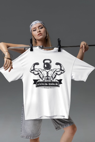 Fitness Dijital Baskılı Unisex Tshirt, Günlük Kullanıma Uygun Pamuklu Regular Tshirt Beyaz