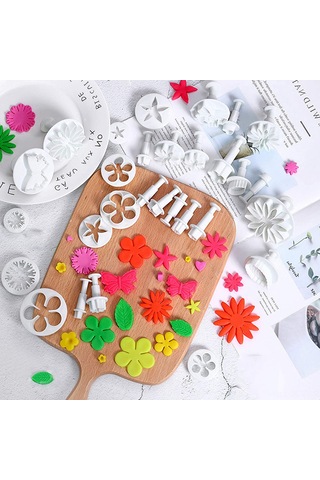 Qingmipy 33 Parça Gıda Kalitesi Plastik Pasta Bisküvi Kesici Seti - Gül, Kelebek, Ayçiçeği Desenli Fondant Ve Hamur Şekillendirici Araçları Çok Renkli