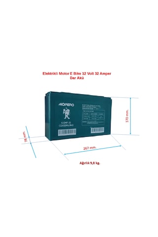 Monero Elektrikli Motor E Bike 12 Volt 32 Amper Dar Akü 267x78x170
