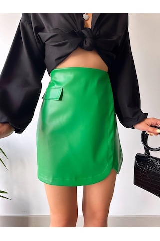 Cep Detaylı Oval Kapaklı Deri Etek Yeşil H240048 Yeşil