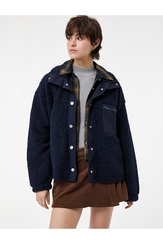 Koton Dik Yaka Fermuar Cep Detaylı Çıtçıt Düğmeli Oversize Peluş Ceket Lacivert 6wal10088ık
