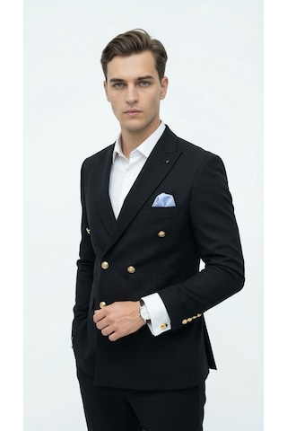 Plus Scorpion Erkek Kruvaze Blazer Ceket Slim Fit Premium Dokulu Şık Klasik Ceket Siyah