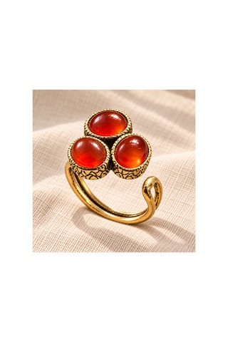 Esoo Jewelry Doğal Taş Detaylı 3 Taşlı Vintage Gold Ayarlanabilir Kadın Yüzük - Ateş Kırmızısı Kırmızı