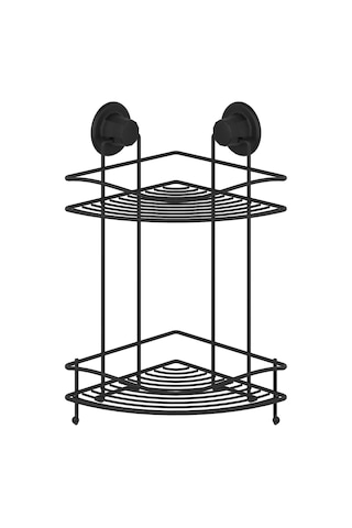 Banyo Köşe Rafı Vakumlu Paslanmaz 2 Katlı Kancalı Siyah Siyah