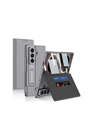 Teleplus Samsung Galaxy Uyumlu Z Fold 8 Ultra Kılıf Suni Deri Tasarımlı Kıpta Kartlıklı Standlı Kapak