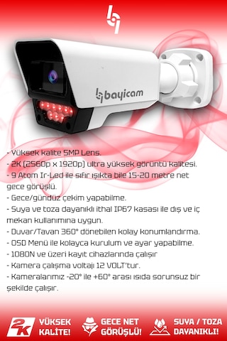 Bayicam 4 Kameralı Süper 4 Dış Kamera Set 320 GB 5 MP 2K Net Gece Görüşlü Güvenlik Kamerası Sistemi