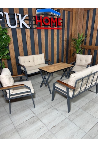 Ard & Garden Kavacık 2211 Masalı Krem Fermuarlı Bahçe Balkon Takımı, Salon, Teras- Metal Çay Seti Krem