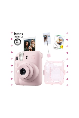 Fujifilm Instax Mini 12 Fotoğraf Makinesi + 20'li Film + Kıskaçlı Resim Standı + Simli Pleksi Kılıf Seti Pembe