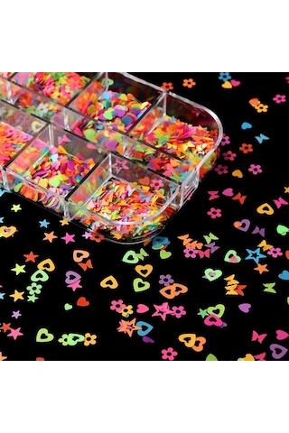 Karanlıkta Parlayan Neon Tırnak Süsleme Folyo Pulları Kalpler Yıldızlar Nail Art