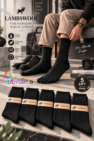Footmania Erkek Siyah Kışlık Lambswool Çorap 5 Çift