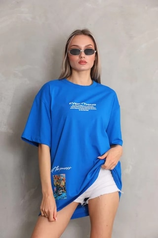 Amorluxe Unisex Bisiklet Yaka Baskılı Oversize T-shirt - Mavi
