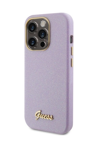 Apple Uyumlu iPhone 15 Pro Max Kılıf Guess Lisanslı Yazı Logolu Glitter Glossy Script Kapak Lila