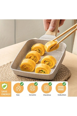 Maxaccess Beyaz Renk Ahşap Saplı Yapışmaz Japon Omlet Tavası Açık Hava Pişirme İçin