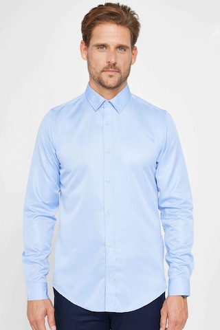 Tudors Slim Fit Uzun Kollu Kolay Ütü Teri Emen Nefes Alan Doku Kravatlık Dört Mevsim Mavi Erkek Gömlek-24892 Mavi