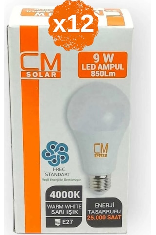 12 Adet - 9w Led Sarı Işık 4000k E27 Duylu Ampul