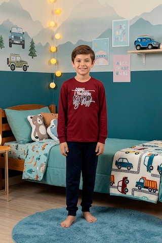 Kompedan Erkek Çocuk İnterlok Bisiklet Yaka Pijama Takımı Bordo 109 Bordo