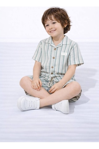 Miniko Kids Erkek Çocuk Çizgili Gömlekli Müslin Şortlu Takım Yeşil