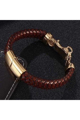 Vintage Punk Tarzı Erkek Bileklik Gerçek Deri Altın Rengi Motosiklet Paslanmaz Çelik Bileklikler Erkek Takıları Kahverengi