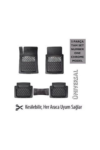 5 Parça Tam Set Paspas Takımı Üniversal Her Araca Uyumlu Kesilebilir Number One Chrome Karbon Detaylı Siyah 1 Adet