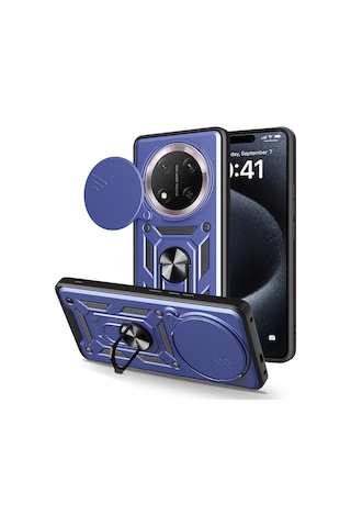 Honor Magic 7 Lite Kılıf Magnetik Standlı Kamera Korumalı Zore Sürgülü Vega Kapak Mavi