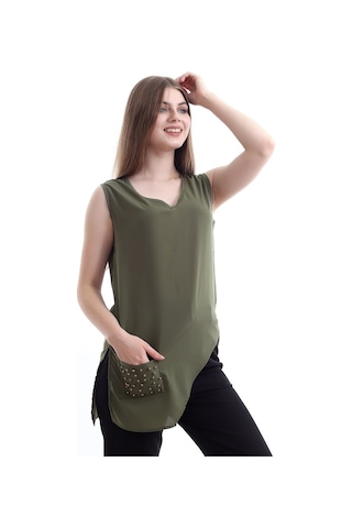 Self Clothing Kadın Yeşil V Yaka Cep Ve Yırtmaç Detaylı Bluz Slf1246-Yeşil