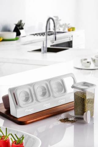 Kitchen Life 8'li Etiketli Standlı Kilitli Kaşıklı Kendinden Yapışkanlı Kare Baharatlık Takımı - Erzak Kabı Seti Beyaz