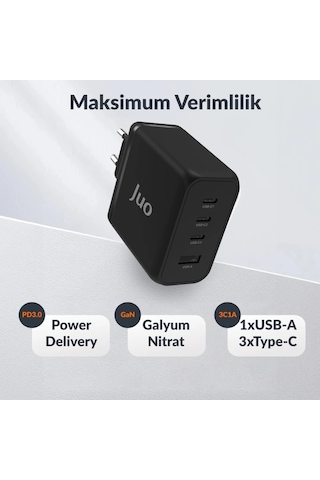 Juo 100W 4 Portlu USB-C + USB-A GaN Şarj Aleti iPhone & Macbook & Notebook Uyumlu PD Type-C Hızlı Şarj Cihazı Siyah