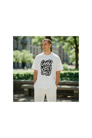 Urbantrendstore Unisex Good Vibes Only Oversize Fit Rahat Geniş Salaş T-shirt Günlük Tişört Beyaz