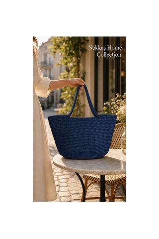 Nakkaş Home Collection Jüt Çanta Kadın Hasır Çanta, Plaj Çantası, Omuz Ve Günlük Kullanım Çantası-lacivert-45x30 Cm