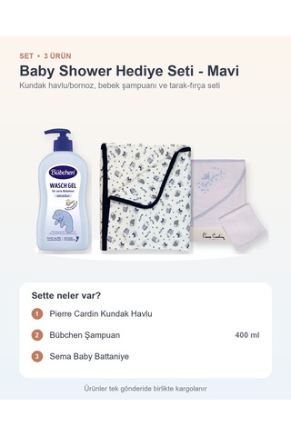 Baby Shower Hediye Seti 3 Parça: Pierre Cardin Kundak Havlu + Şampuan + Sema Baby Battaniye - Mavi