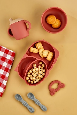 5'li Silikon Set / Bölmeli Mama Tabağı / Kase / Bardak / Diş Kaşıyıcı / Mama Kaşığı - Kiremit Rengi Kiremit