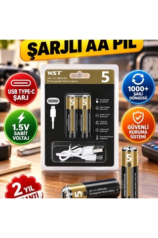 Usb Type-c Şarjlı Aa Lityum Pil 1.5v Sabit Voltaj 1000+ Şarj Döngüsü