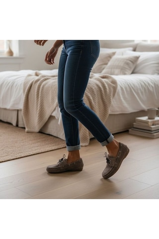 Ne&ve Shoes Vizon Süet Hakiki Deri Kadın Bağcıklı Loafer Ayakkabı