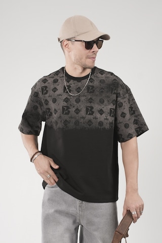 King-Brich Oversize Kalıp Logo Baskılı Bisiklet Yaka Basic Tişört Siyah