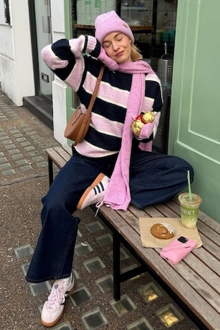 Madmext Lacivert/pembe Bisiklet Yaka Oversize Triko Kazak Mg1972 Lacivert/pembe