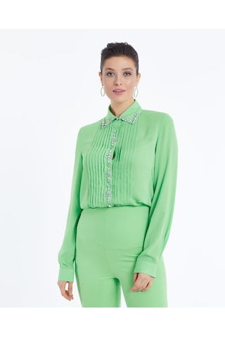 Kadın Taş Detaylı Gömlek Şık Düğme Ve Yaka İşlemeli Yeşil
