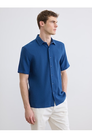 Lcw Vision Mavi Regular Fit Keten Görünümlü Erkek Gömlek