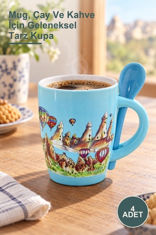 4 Adet Yöresel Porselen Kupa Bardak Mug, Çay Ve Kahve İçin Geleneksel Tarz Kupa 1