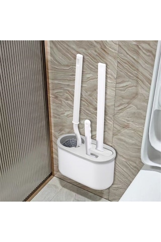 3'ü 1 Arada Beyaz Tuvalet Fırçası Silikon Duvara Monte Raf Wc Banyo B Gri Ve Beyaz