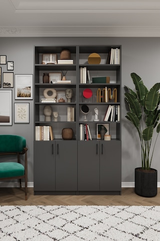 Asra Trend K-46 %100 MDF 120 cm 2 Modüllü Kapaklı Kitaplık Raflı Kütüphane Koyu Gri